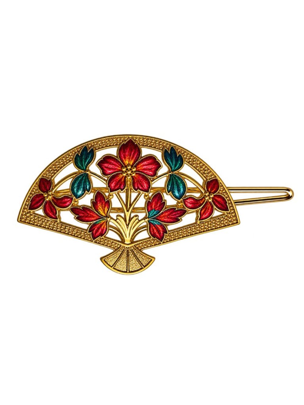 Vintage 1970s–80s Cloisonné Enamel Floral Fan Hair Barrette Clip Gold-Tone Metal